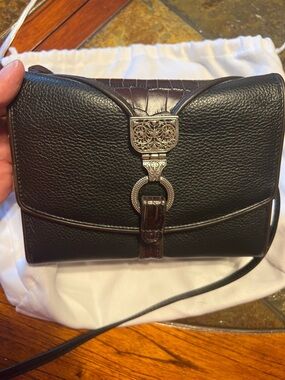 Brighton Black and Dark Brown Leather Crossbody with Silver Filigree Accent